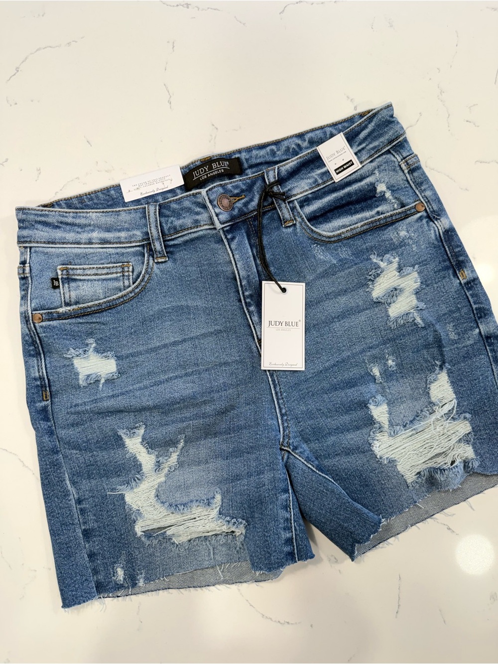 Judy Blue Size Large Blue Distressed High-Rise Denim Shorts - Picture 2 of 3